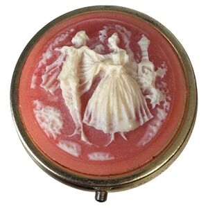 Vintage Dancing Couple Cameo Pill Box Trinket‎ Case Gold Tone Coral Pink